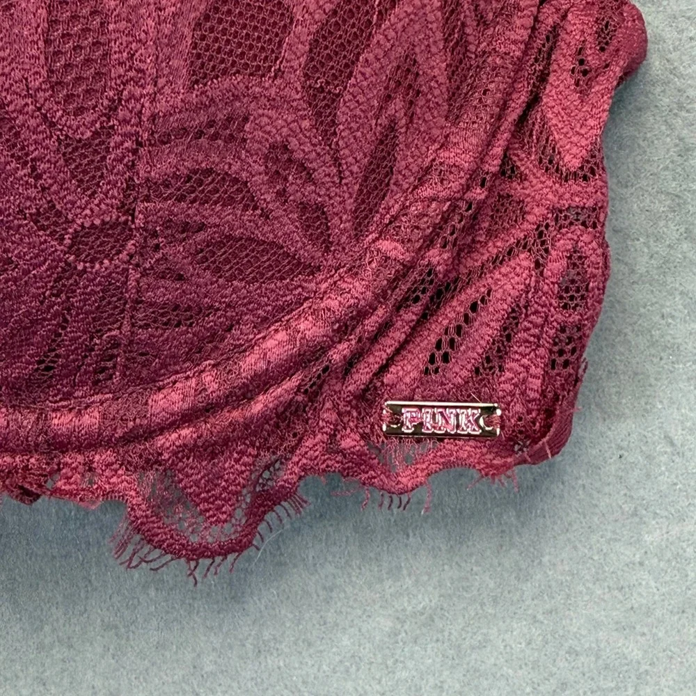 Victorias Secret PINK Date Push-Up Bra 32B Burgundy Floral Lace Underwire Padded